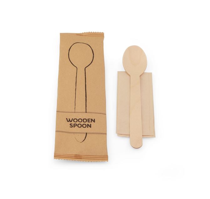 Lepel hout met servet papier, per stuk verpakt in zakje papier