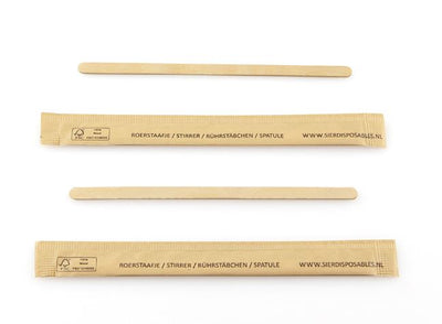 Roerstaafje hout per stuk verpakt in papier 110 x 5 x 1 mm