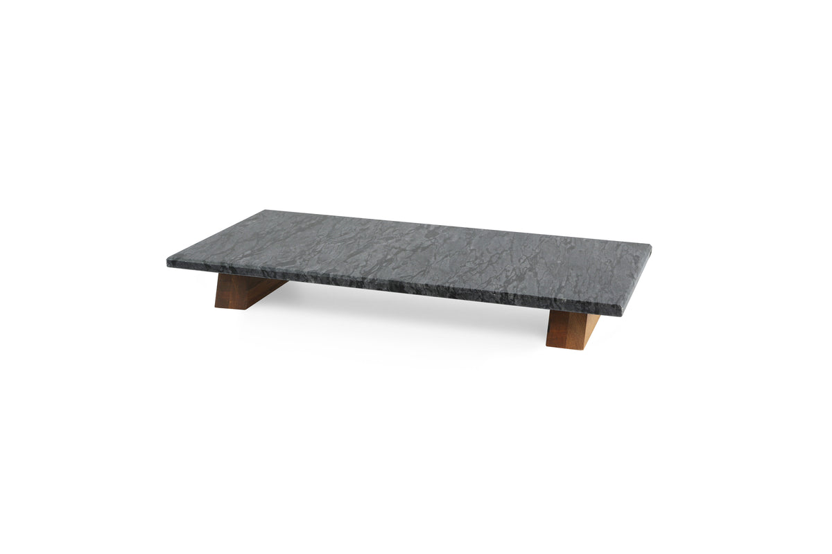 Serveerplateau marmer zwart, houten voet 40 x 20 x h5 cm